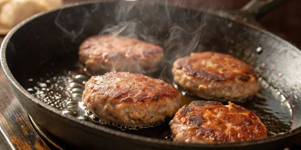 Beef breakfast sausage patties cooking in skillet