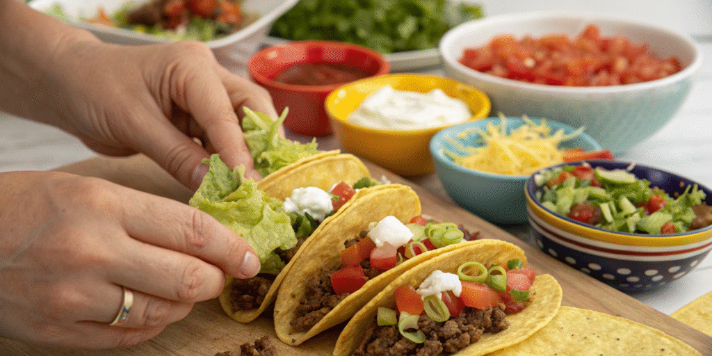 Assembling tacos using ground beef and fresh toppings