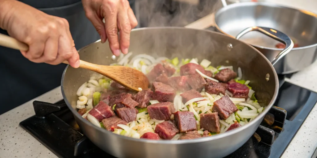 Browning beef cubes with onions and garlic in a pot on the stove
