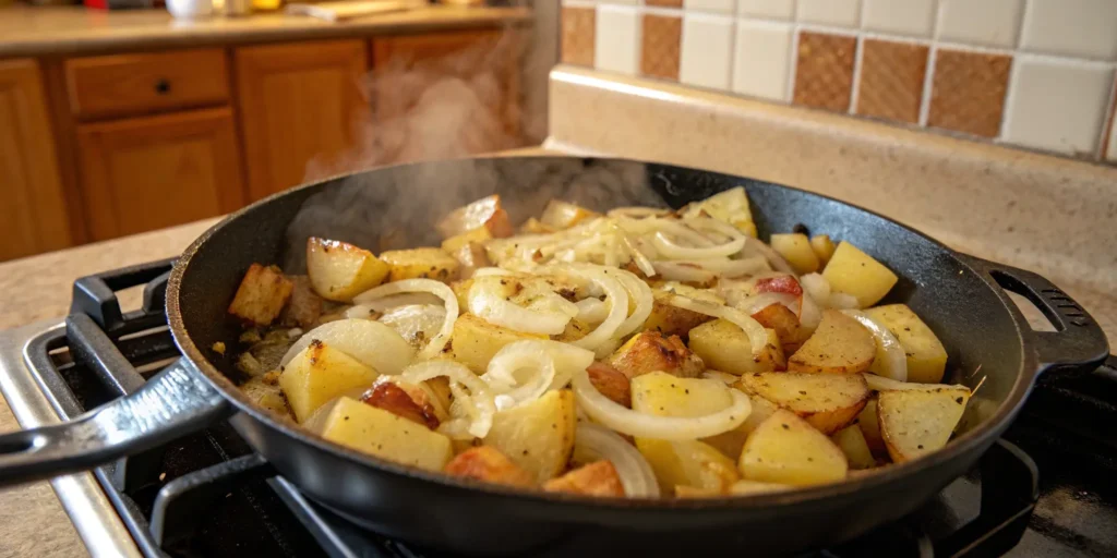 Onions and potatoes sautéing in skillet for corned beef hash