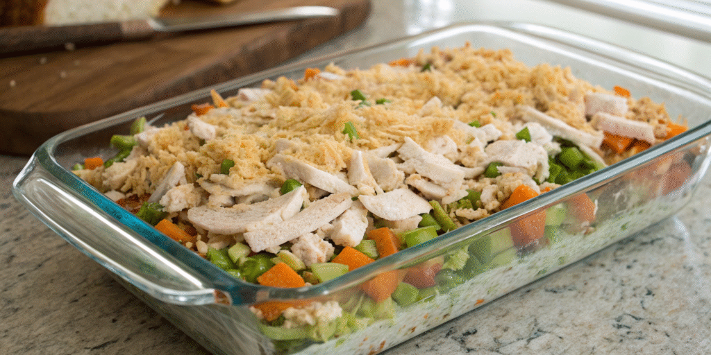 Layering shredded chicken and vegetables in a casserole dish for chicken and stuffing casserole