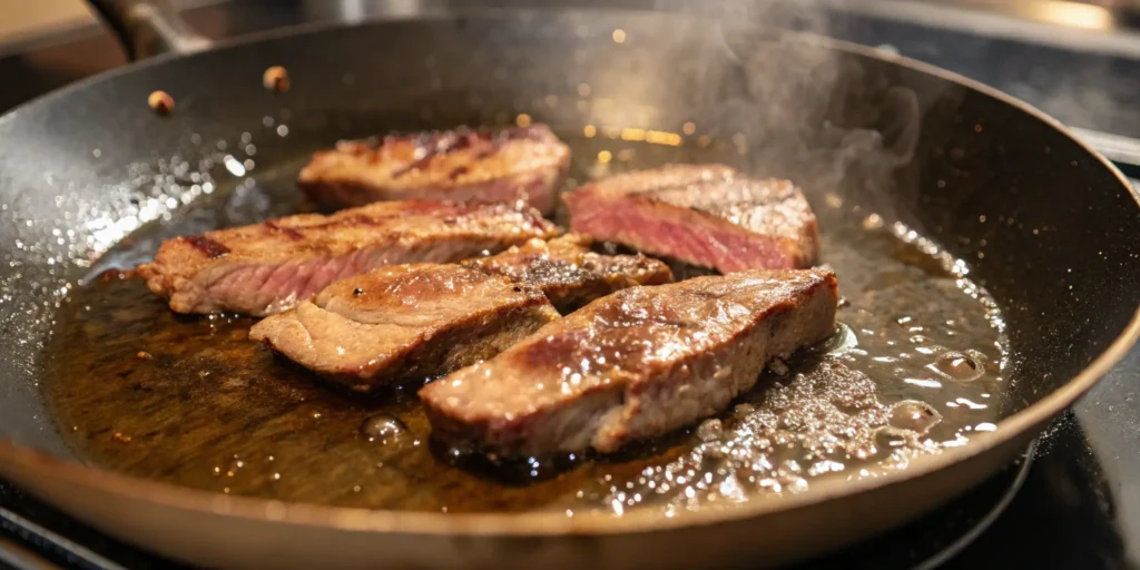 Steak slices sizzling and searing in a hot wok with oil