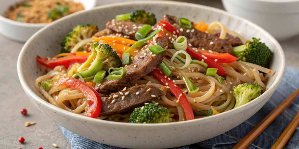 Spicy Mongolian beef and broccoli noodles in a bowl