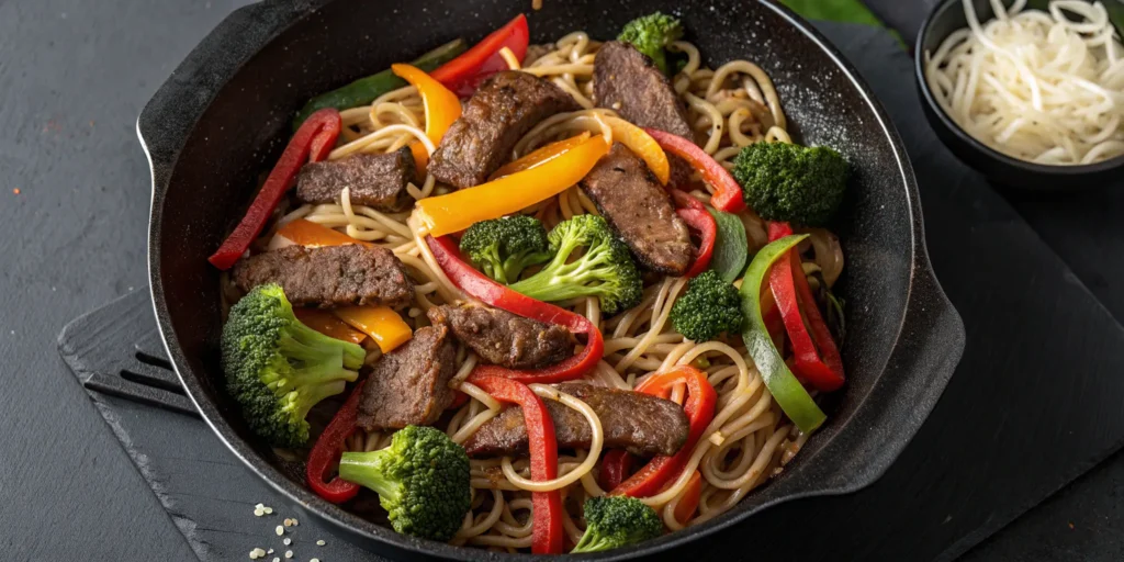 One-pan Mongolian beef noodles with vegetables