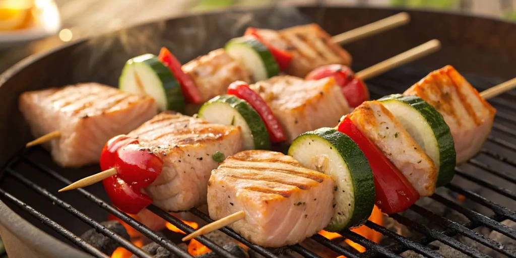 Grilled honey soy salmon skewers with vegetables