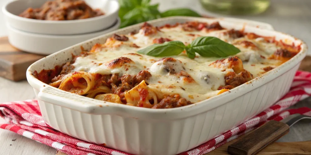 Baked Italian beef pasta casserole topped with melted cheese