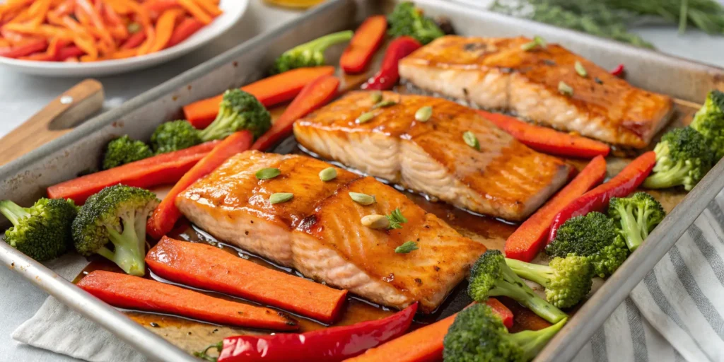 Honey soy salmon and vegetables on a sheet pan