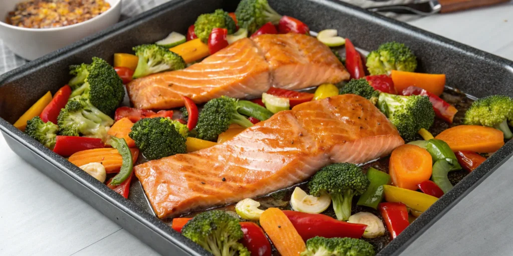 Baked salmon and teriyaki glazed vegetables on a baking tray