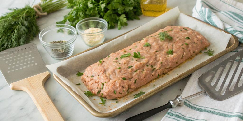 Shaping ground chicken meatloaf on a baking sheet