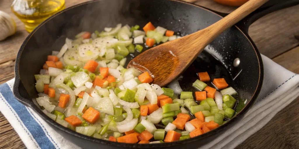 Onions, garlic, carrots, and celery sautéing in a skillet