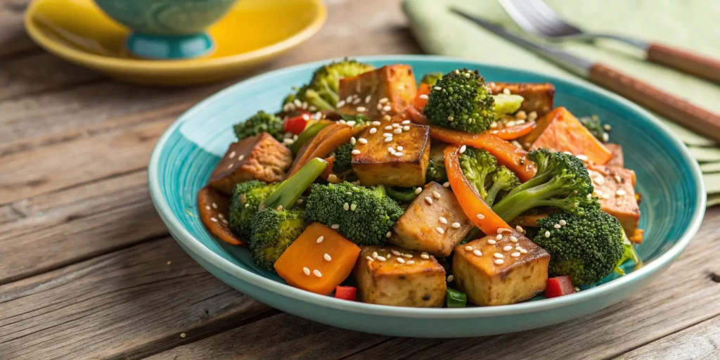 Sweet soy tofu Asian stir fry recipe with broccoli and carrots