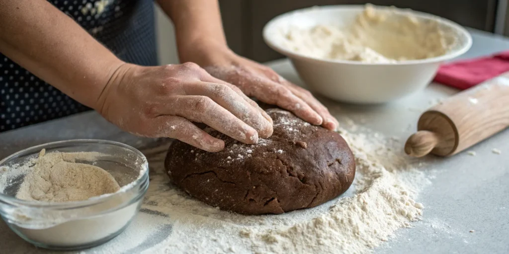 Hands kneading dough for Outback Steakhouse bread on a floured surface during preparation