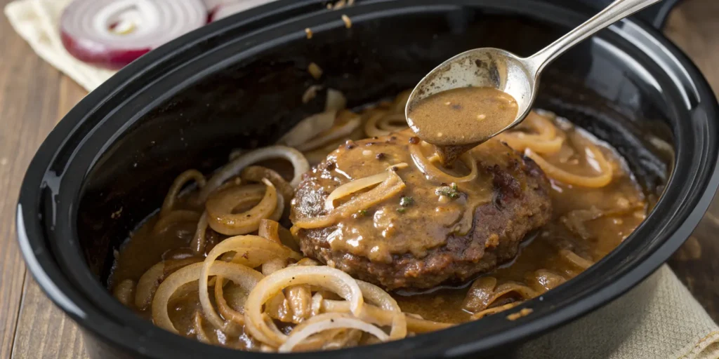Easy Salisbury steak recipe made in a slow cooker with rich gravy