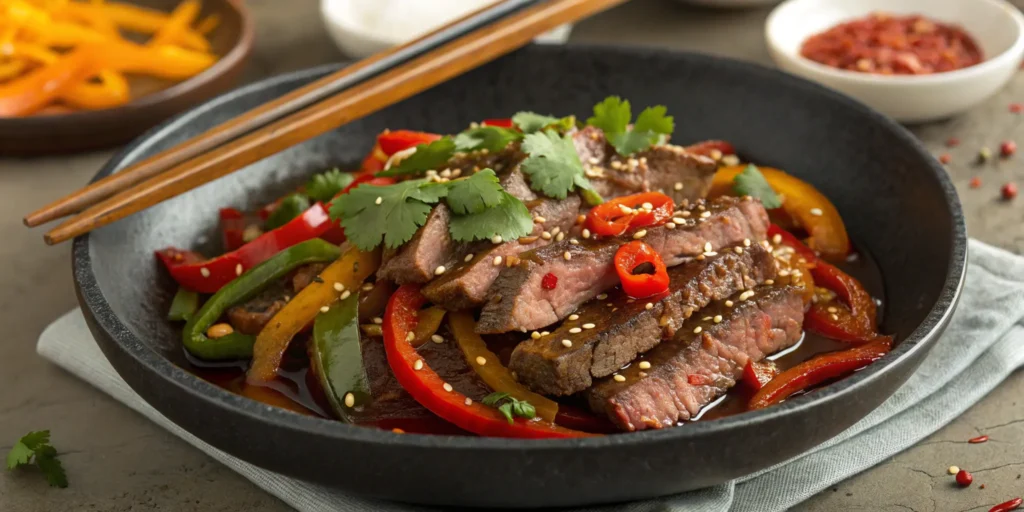 Sweet and spicy crock pot pepper steak with chili and garlic