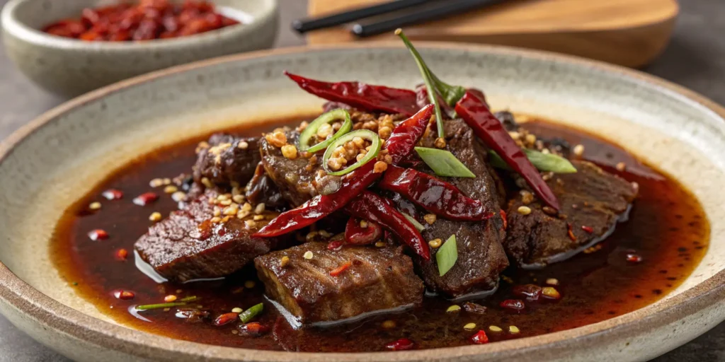 Spicy Szechuan Chinese pepper steak with dried chilies