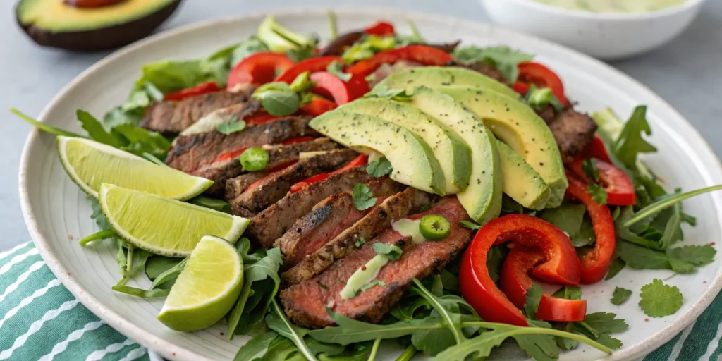 Spicy skirt steak salad recipe with avocado and lime dressing