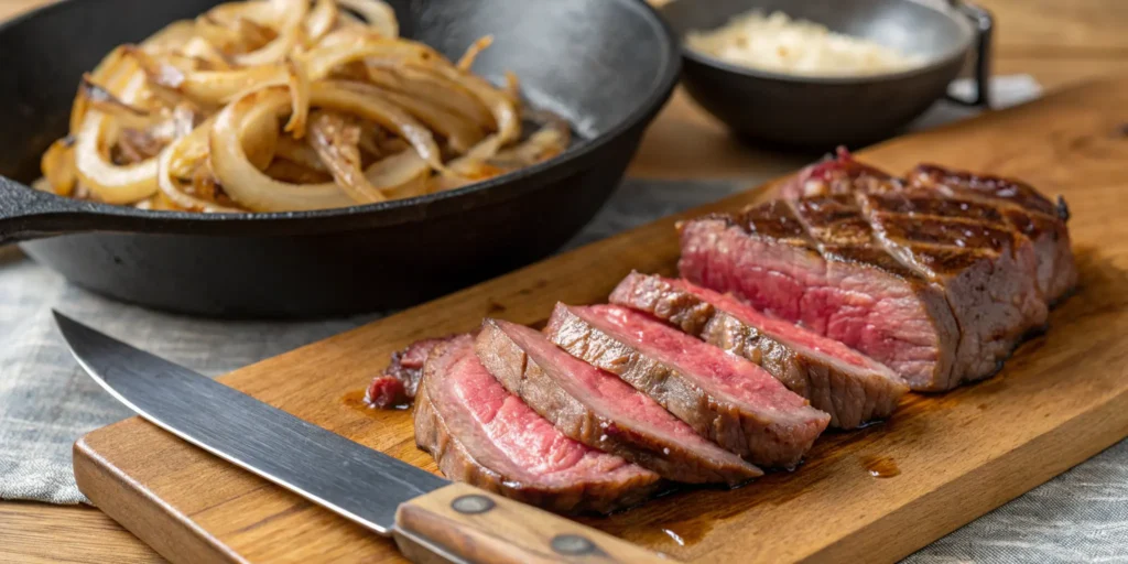 Philly Cheesesteak Recipe step 1 - slicing meat and cooking onions
