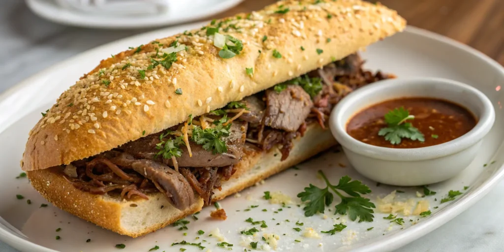 Italian beef sandwich with crispy garlic parmesan crust