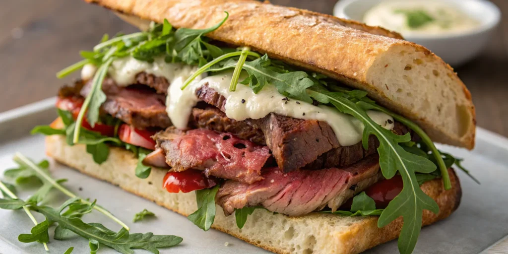 Garlic herb steak sandwich with horseradish aioli and fresh arugula – gourmet steak sandwich recipes