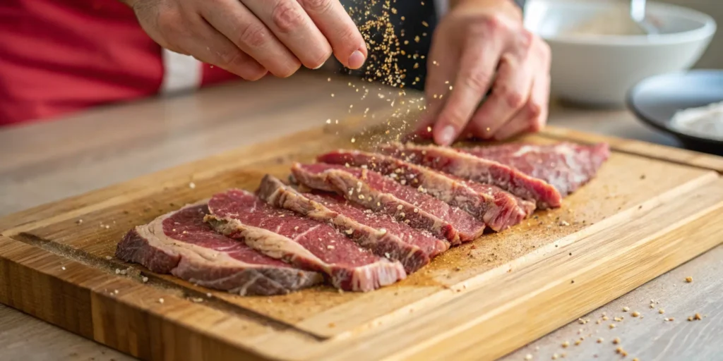 Sprinkling Philly cheesesteak seasoning on thinly sliced ribeye steak