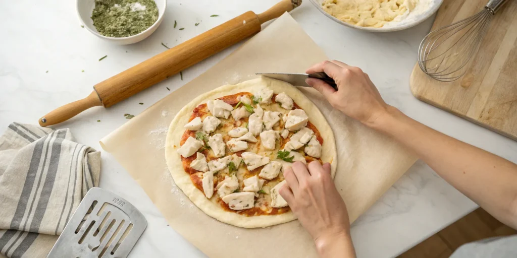 Forming the chicken pizza crust recipe before baking