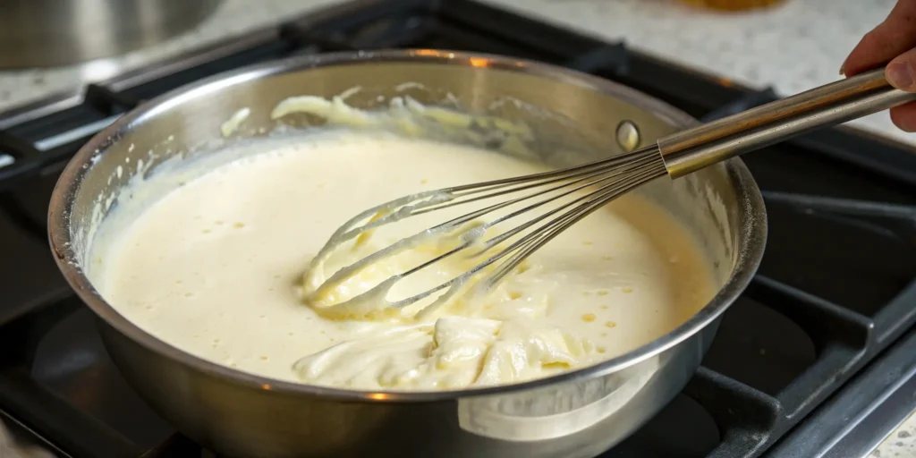 Creamy white sauce being whisked for white chicken enchiladas