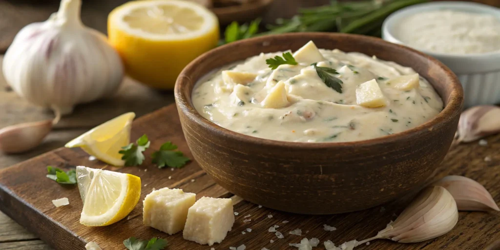 Homemade creamy Caesar dressing with Parmesan and garlic