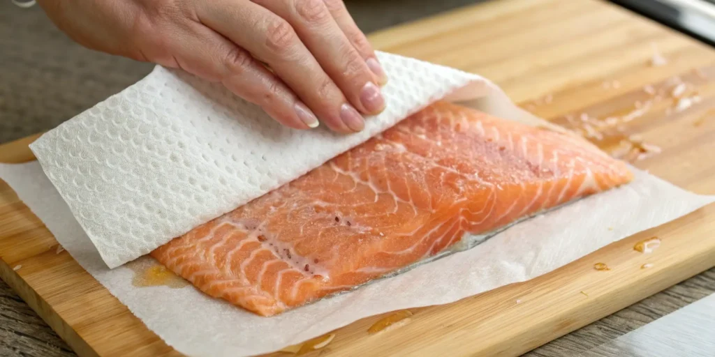 Drying salmon skin with a paper towel for pan frying