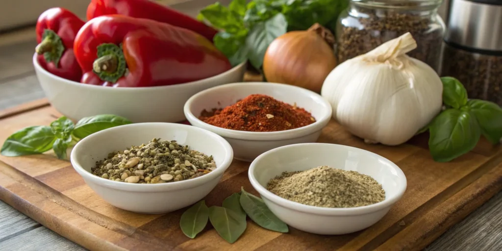 Italian herbs and spices with fresh peppers and onions for seasoning Italian beef