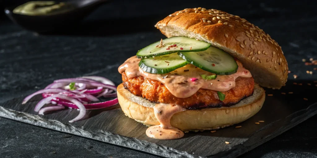 Spicy salmon burger with sriracha mayo and cucumber - Salmon Burgers Recipe