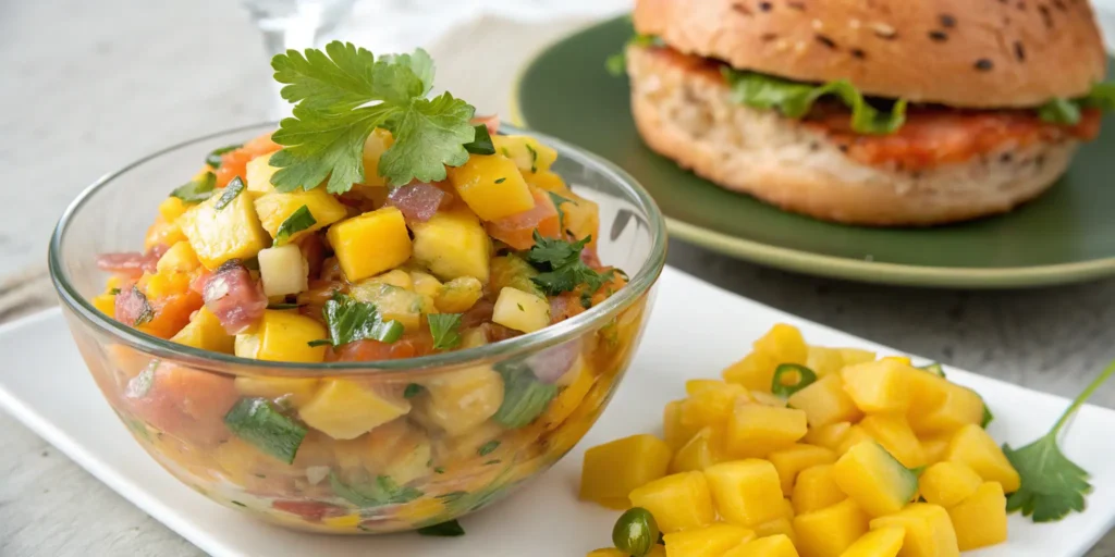 Bright, colorful mango salsa with diced mango, jalapeño, and cilantro in a clear glass bowl, placed next to a salmon burger - Salmon Burger Toppings