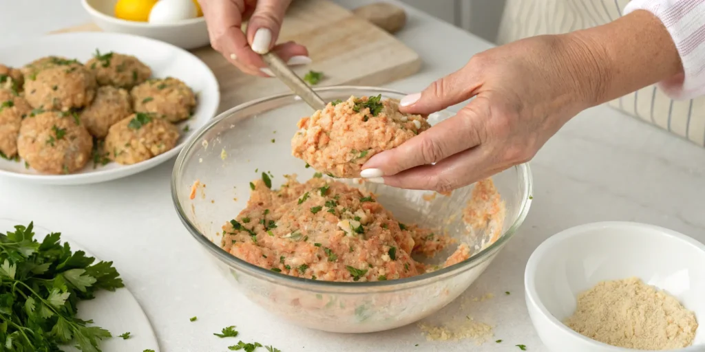 Hands forming salmon patties using canned salmon mixture with herbs and breadcrumbs - Salmon Burgers with Canned Salmon
