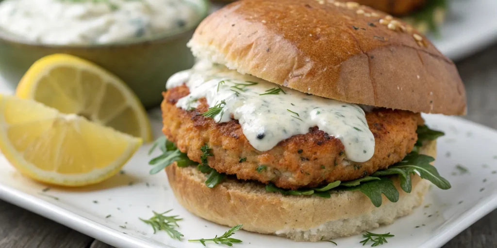 Classic crispy salmon fish burger with lemon-dill aioli, a timeless and easy recipe