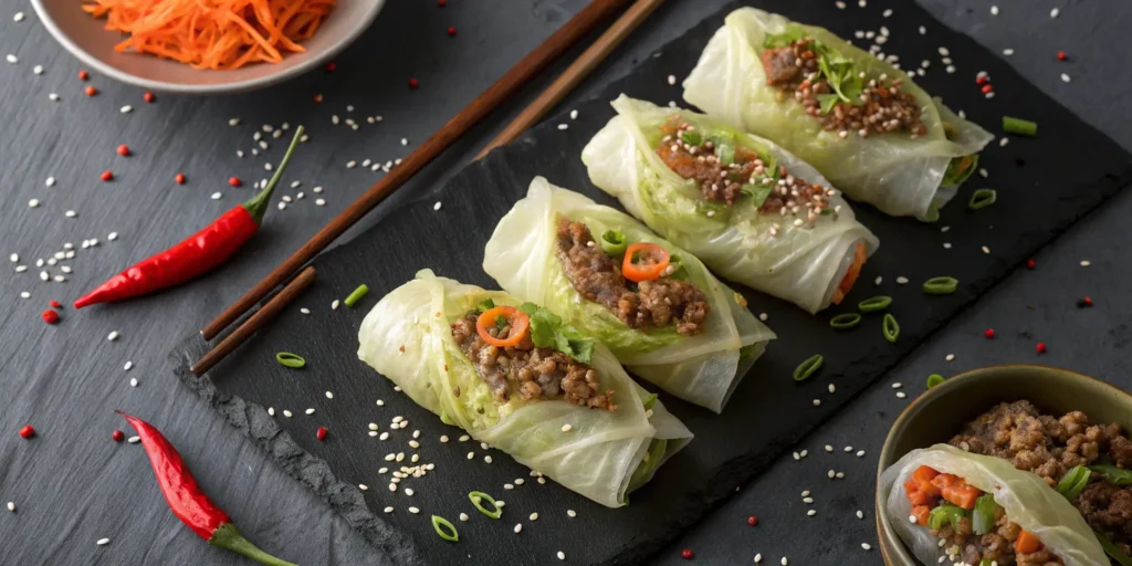 Healthy Asian ground beef in cabbage wraps with sesame seeds - Ground Beef Cabbage Recipe