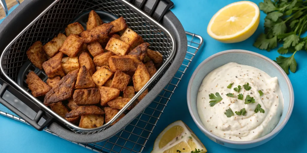 Easy air fryer shawarma meat recipe bites with golden crust and yogurt dip