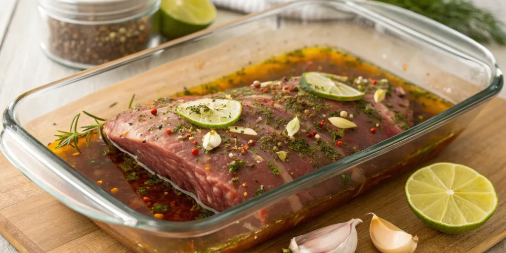Steak marinating in a lime-based fajita meat marinade with spices and oil