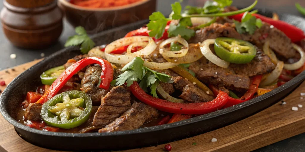 Spicy pepper steak with onion, featuring jalapeños and chili powder for a fiery kick