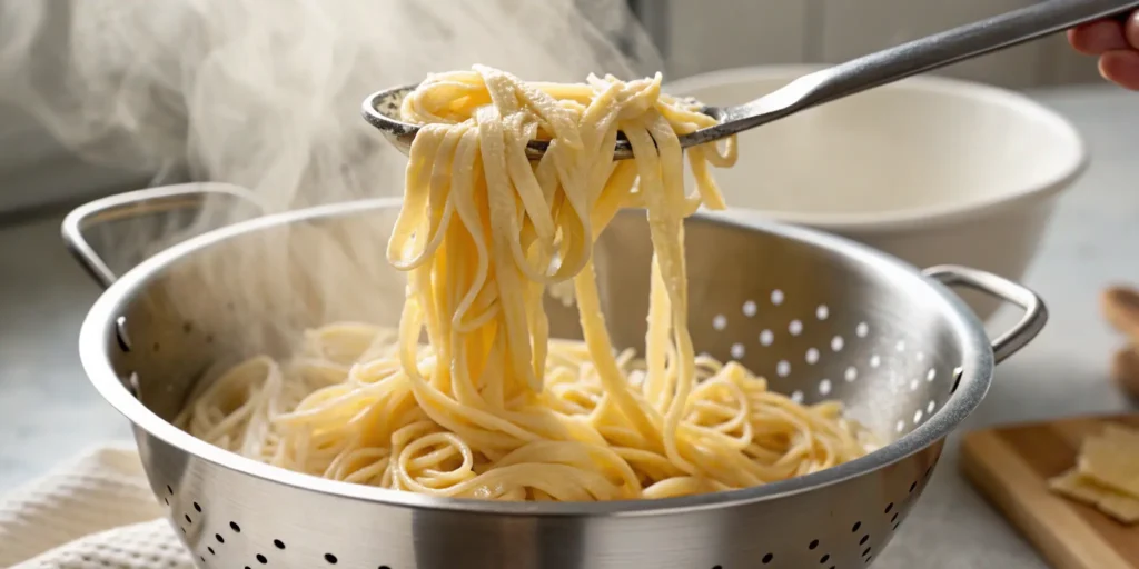 Cooked egg noodles being strained for beef and noodle recipe