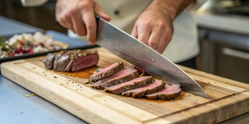 Slicing beef shawarma thinly against the grain