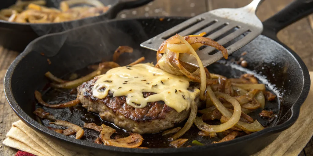 Melting provolone and Cheez Whiz cheese over ribeye steak for Philly cheese steak