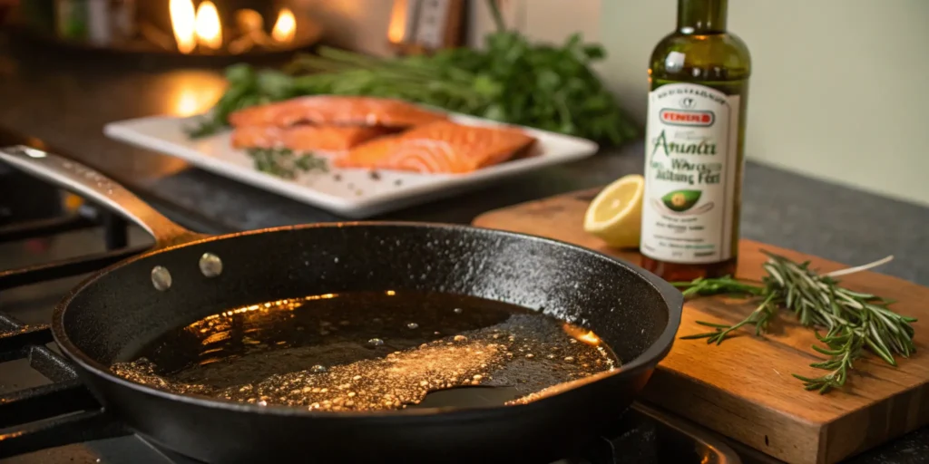 Cast iron skillet heating with shimmering avocado oil for pan fried salmon