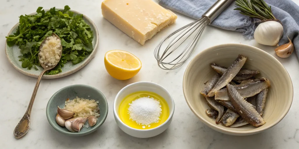 Ingredients for Caesar dressing in chicken Caesar salad recipe