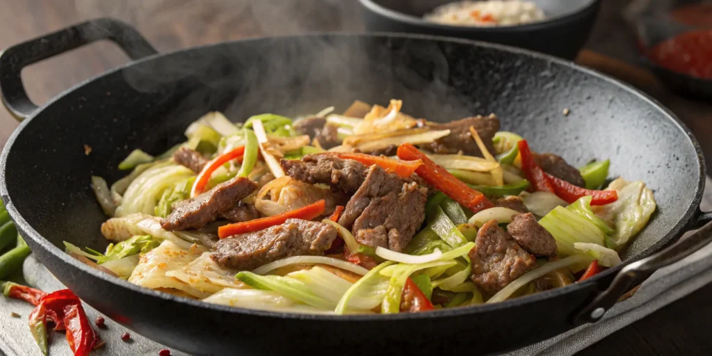 Stir-fried beef and cabbage with soy sauce, sesame oil, garlic, and ginger in a wok