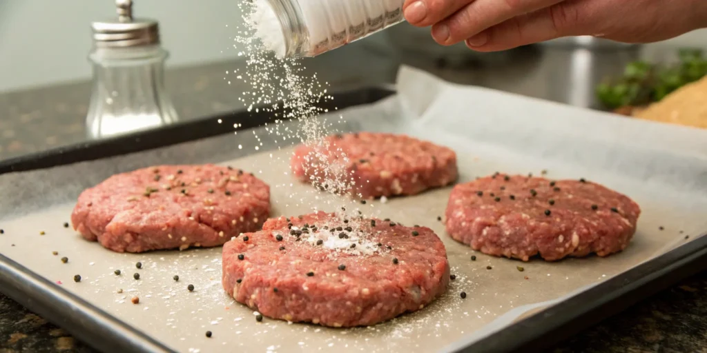 Seasoning burger patties with salt and pepper in the best burger recipe
