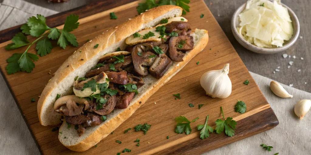 Garlic butter New York steak sandwich with mushrooms and Swiss