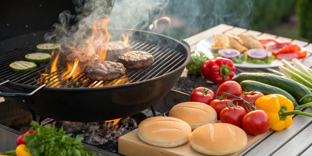 Outdoor charcoal grill with flames and fresh burger ingredients nearby - Beef Hamburger