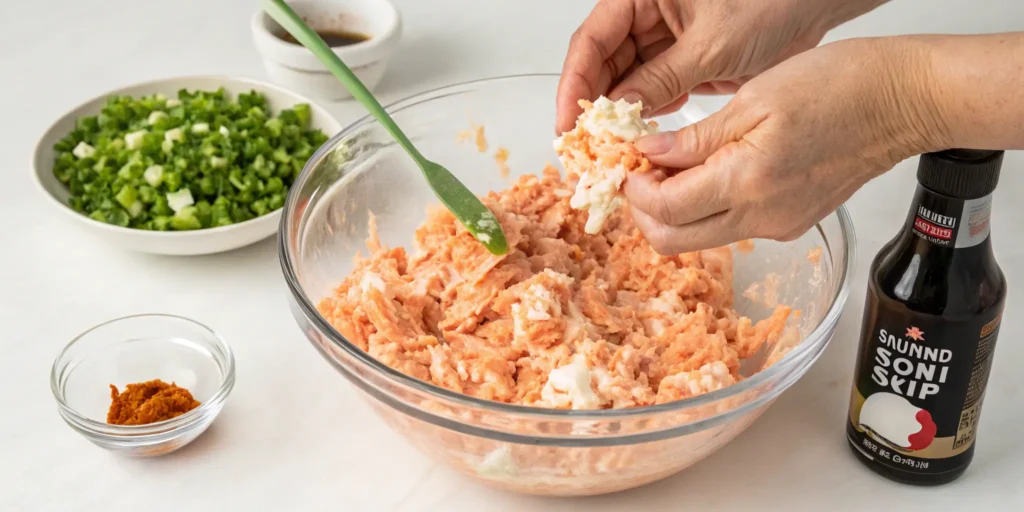 Mixing creamy salmon topping for salmon sushi bake