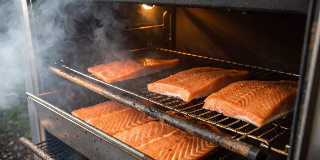 Salmon fillets smoking inside a smoker for homemade smoked salmon recipe
