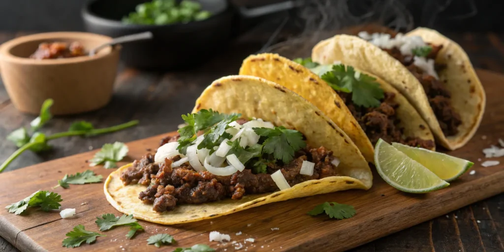 Street-style ground beef tacos with onion, cilantro, and lime
