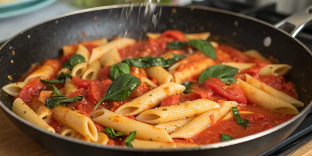 Penne pasta tossed in fresh tomato basil sauce with basil garnish - Beef Steak and Pasta